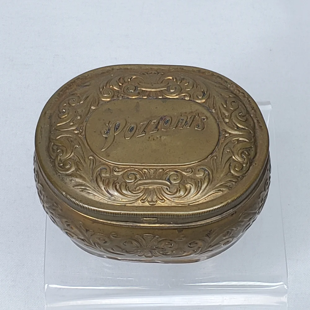 Antique Pozzoni's 1912 Brass Powder Puff Tin Box Embossed Lidded Trinket Dresser
